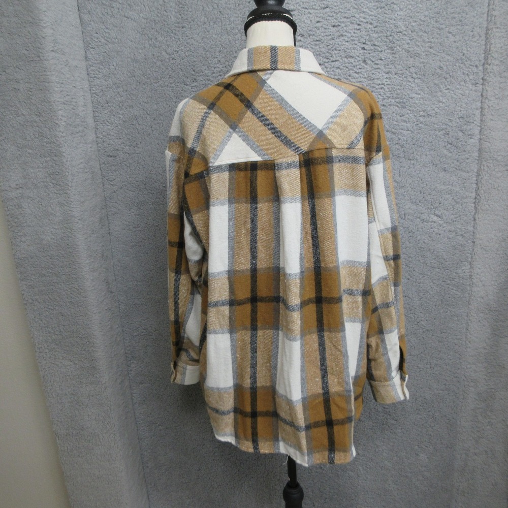 Plaid Oversized Shacket Women M Tan White Flannel Shirt Jacket Pockets Automet - Picture 2 of 16